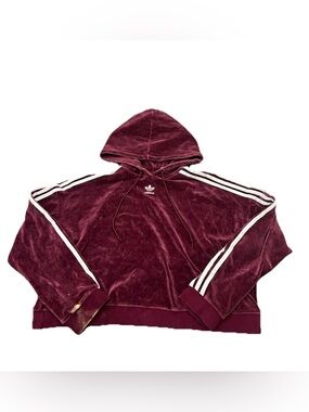 adidas Originals Women's Burgundy Velour Pullover Hoodie Large Logo Cropped